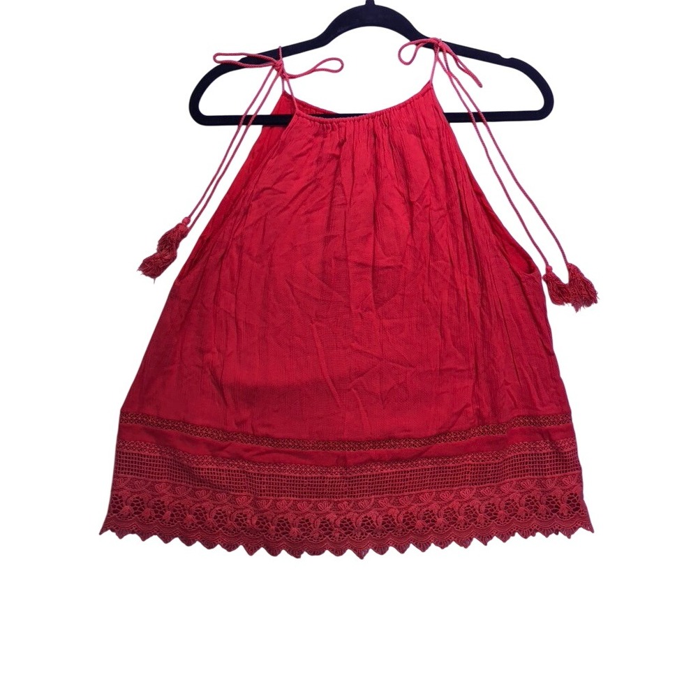 Alice + Olivia Halter Top Womens Large Red Lace Trim Tassel Boho Tank